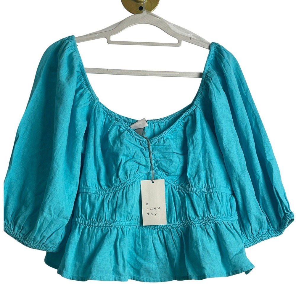 Peasant Blouse by A New Day Women's Turquoise Linen Blend Size L NWT 00785